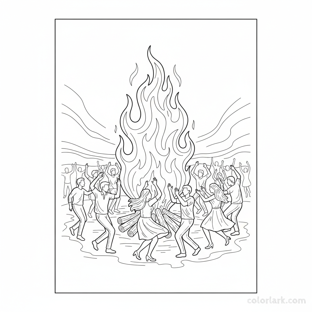 Coloring page of people dancing around a Holika Dahan bonfire silhouette.