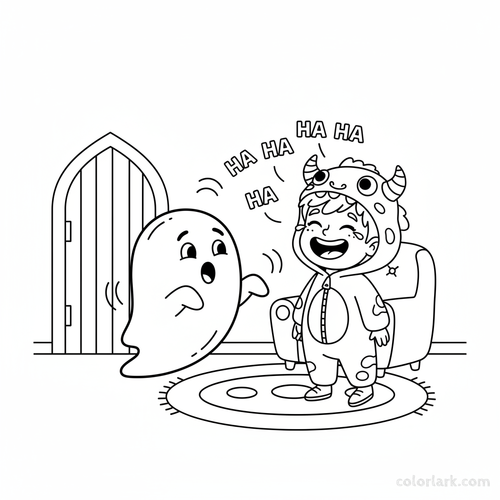 Black and white line art of a silly ghost trying to scare a giggling child in a cute monster costume, Halloween coloring page.