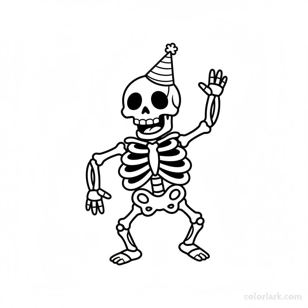 Black and white line art of a silly cartoon skeleton wearing a party hat, a fun Halloween coloring page.