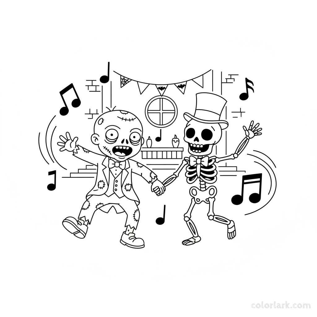 Black and white line art of a silly zombie dancing with a friendly skeleton at a costume ball, Halloween coloring page.