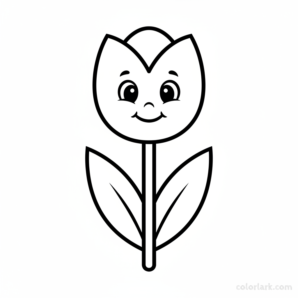 Line art illustration of a simple, friendly cartoon tulip for toddlers