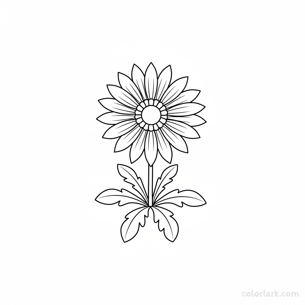 Black and white line art of a single gazania flower with clearly defined petals radiating from a central disc, stem, and leaves.