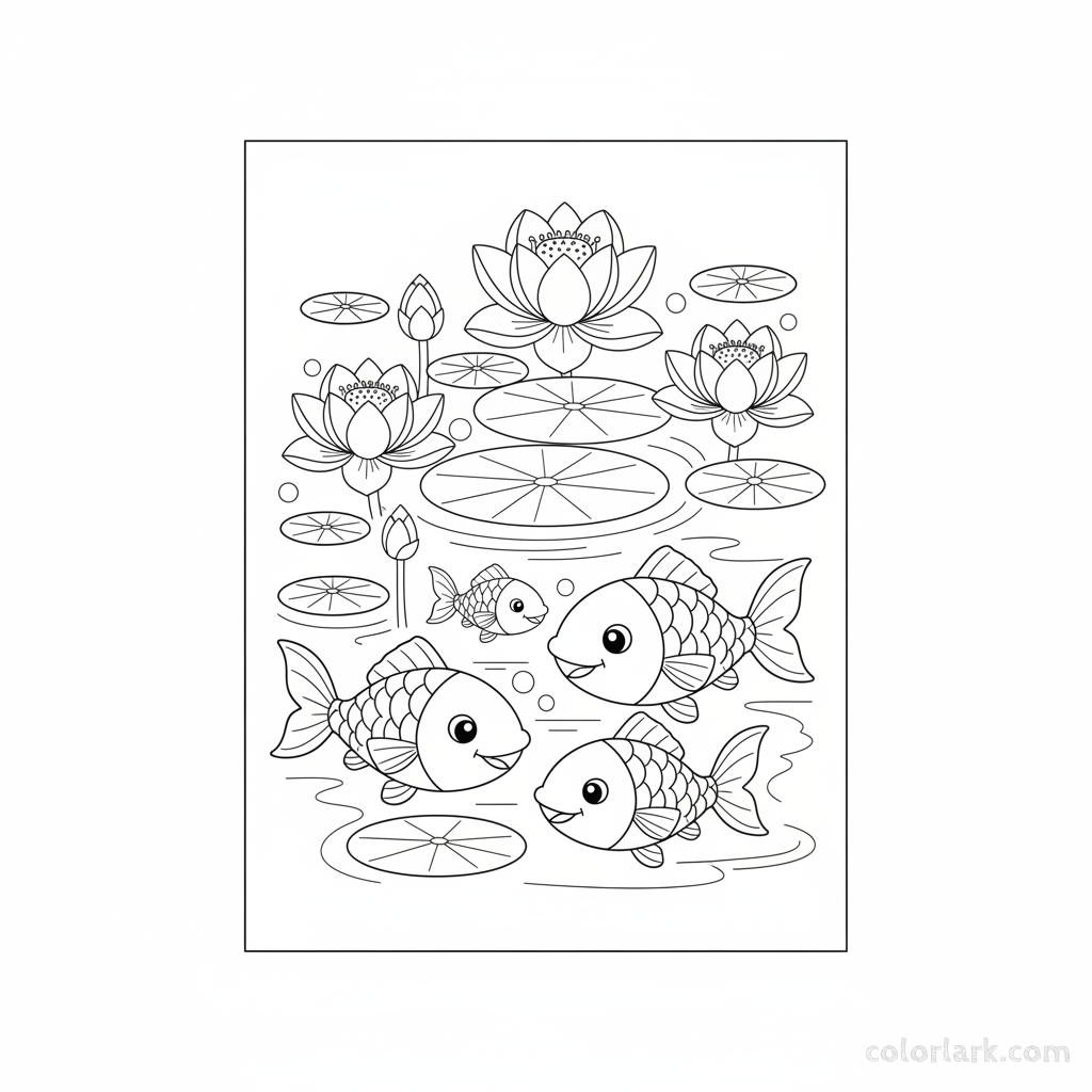 Black and white line art for kids, showing a simple lotus pond with friendly fish and lotus flowers.