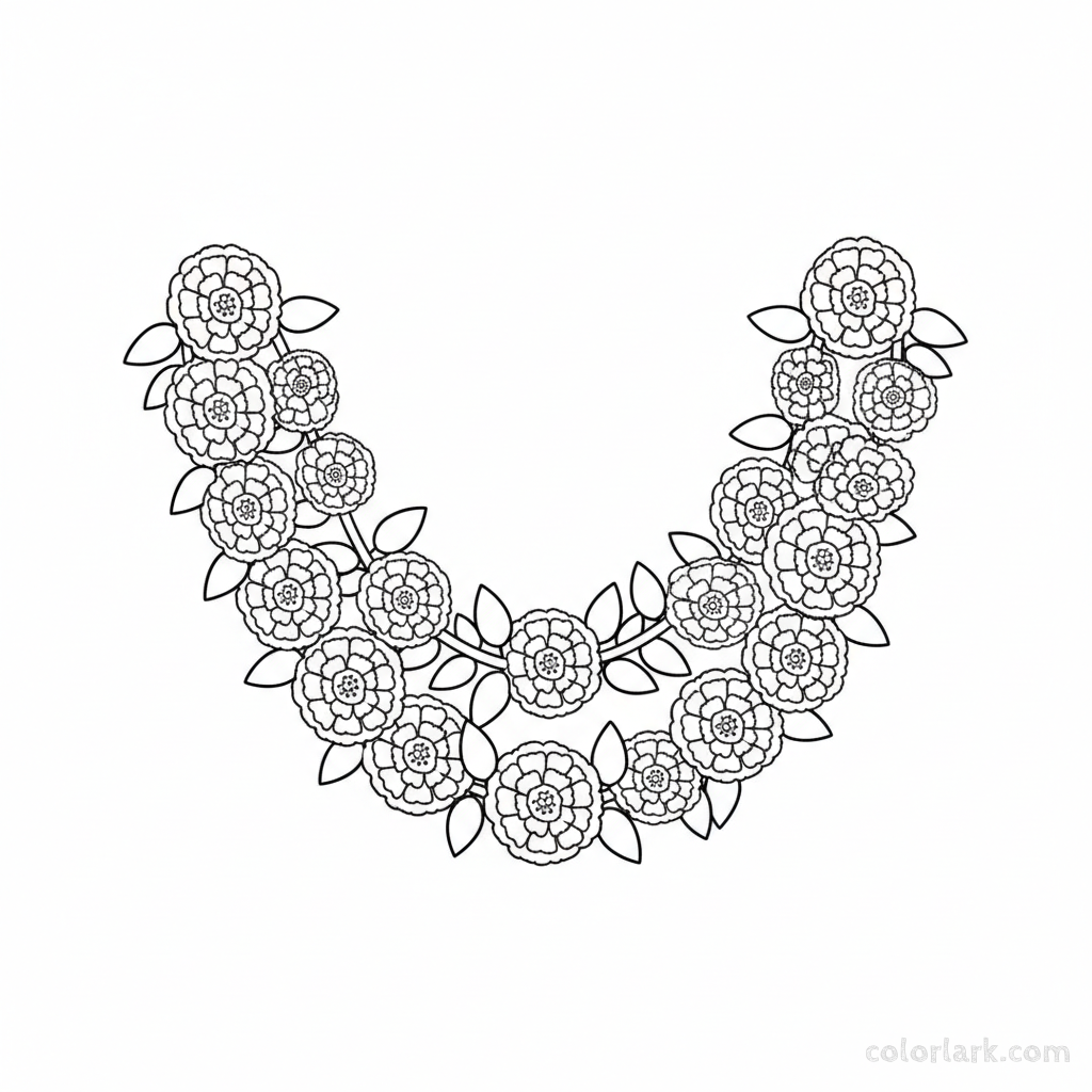 Black and white line art of a simple marigold garland with distinct flowers and leaves for coloring.