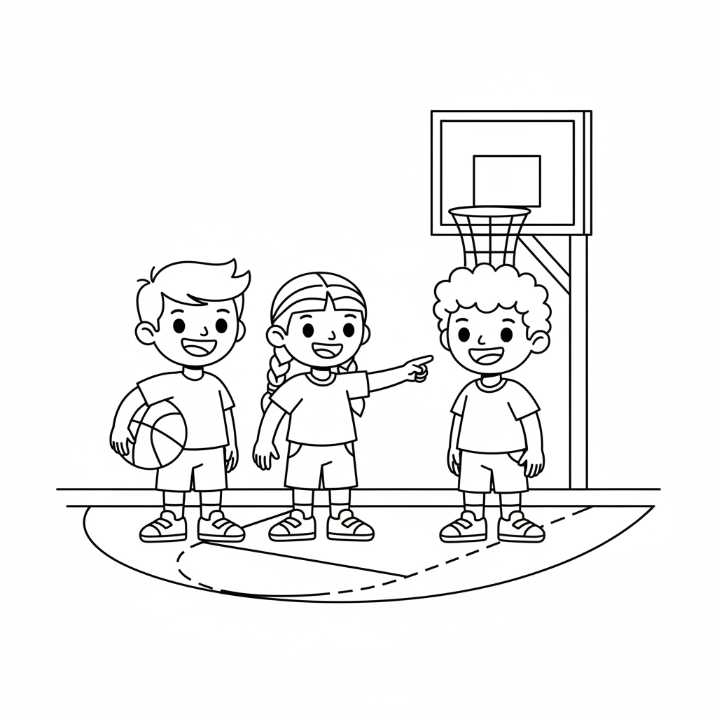 Simple line art of an Indian street basketball team of children, with a friend cheering.