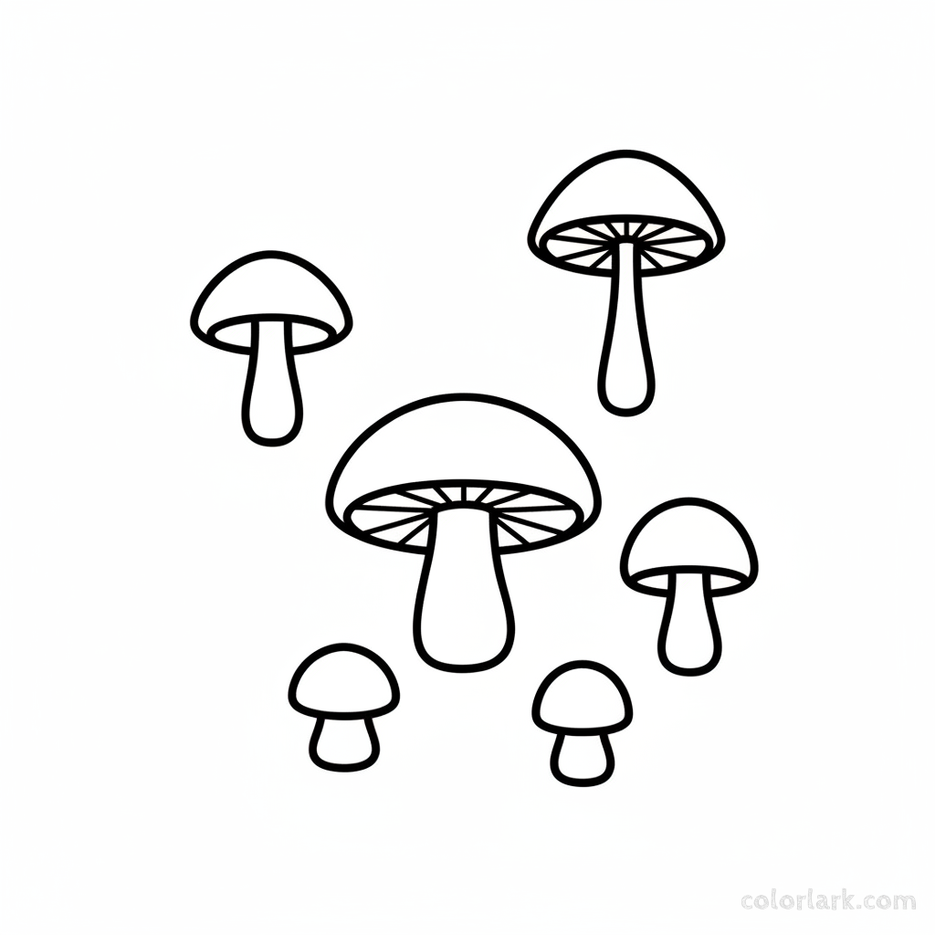 Black and white line art of a collection of simple mushroom outlines with thick lines, specifically for toddler coloring.