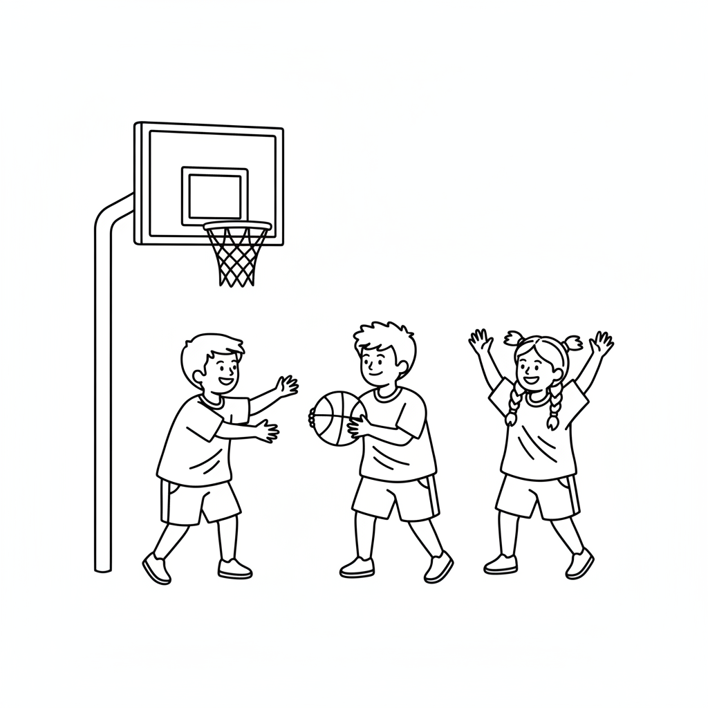 Simple line art outline of Indian street basketball players and a cheering friend, for beginners.