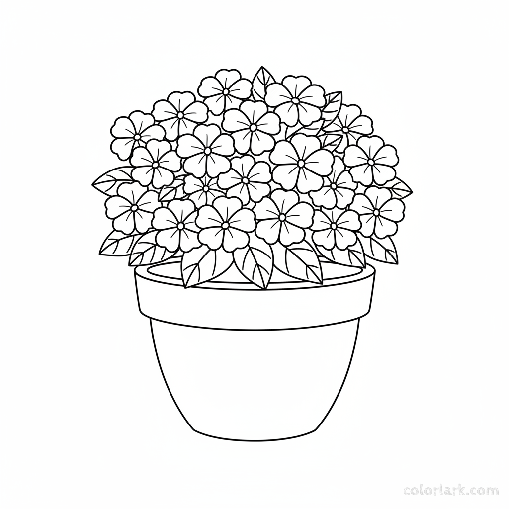 Black and white line art of a round terracotta pot filled with a cluster of impatiens flowers and oval leaves.