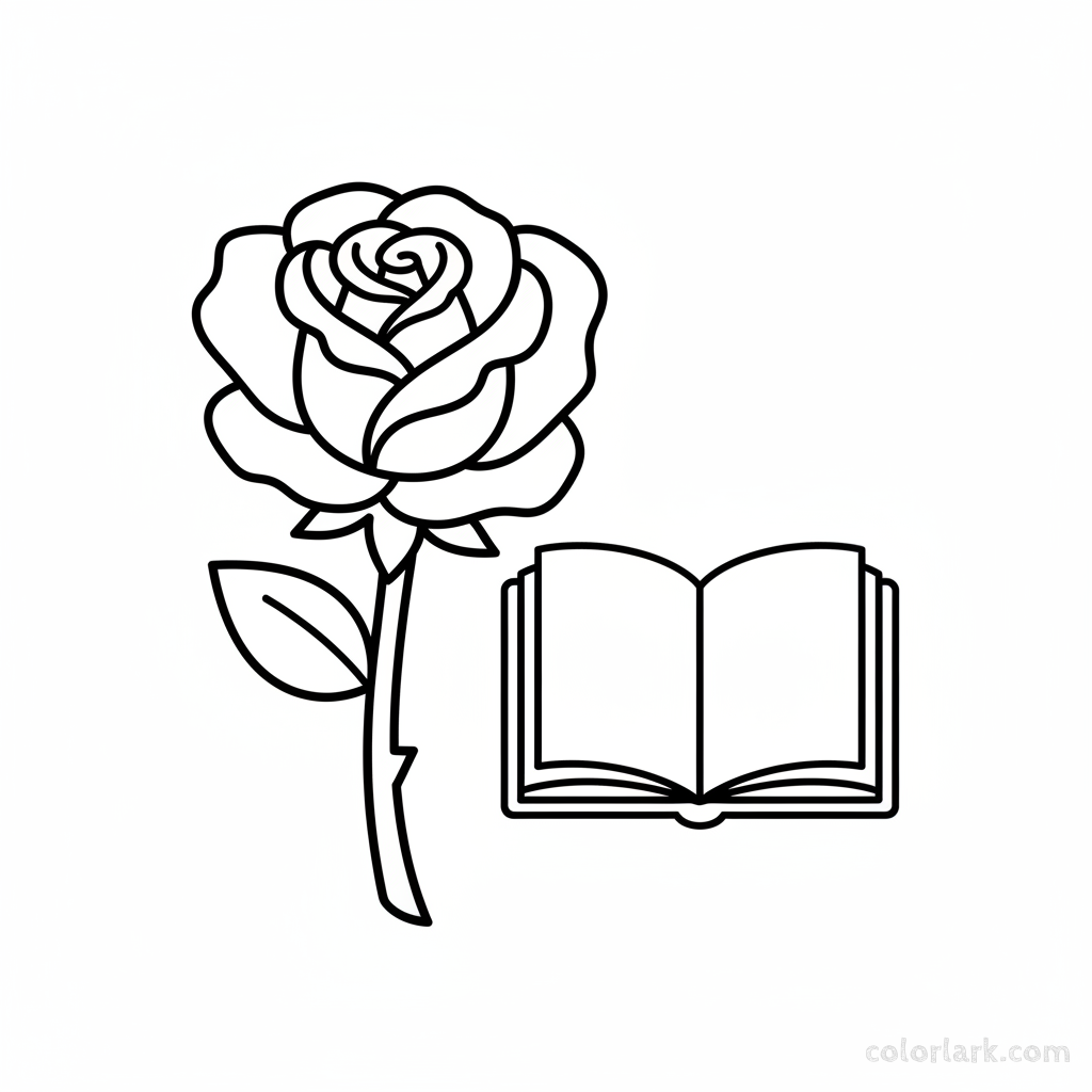 Simple rose and a book outline coloring page for readers, black and white line art, easy flower and reading material.