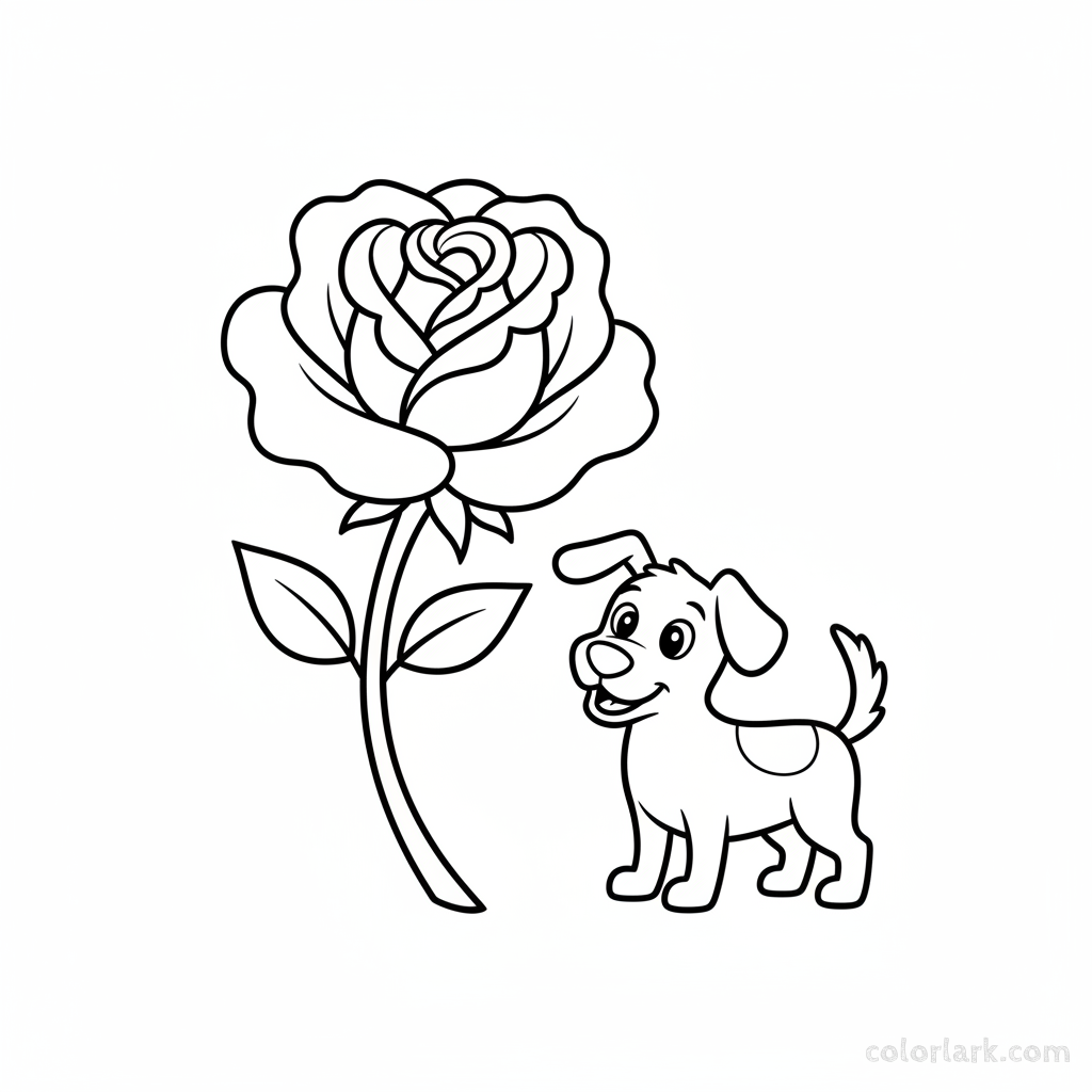 Simple rose and a playful dog outline coloring page for youngsters, black and white line art, easy flower and pet drawing.