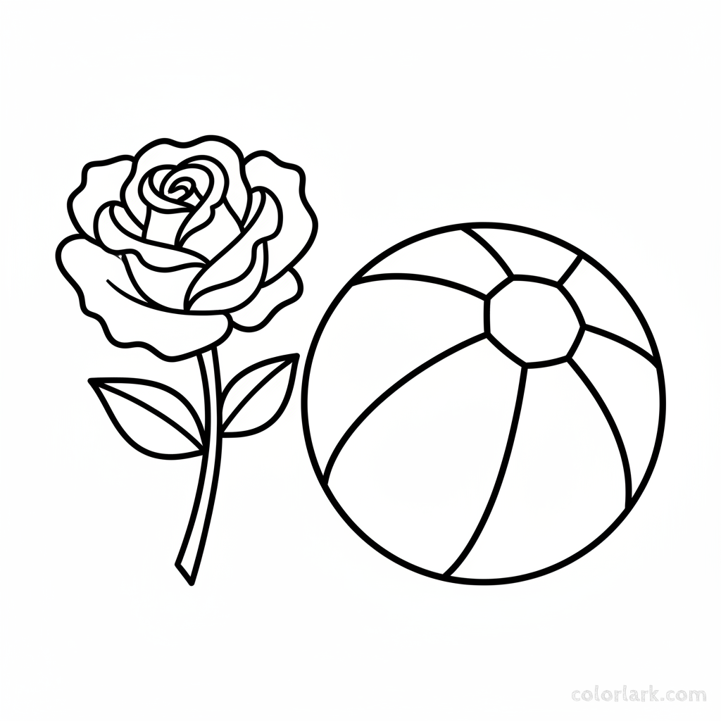 Simple rose and ball outline coloring page for playful kids, black and white line art, easy flower and toy ball.