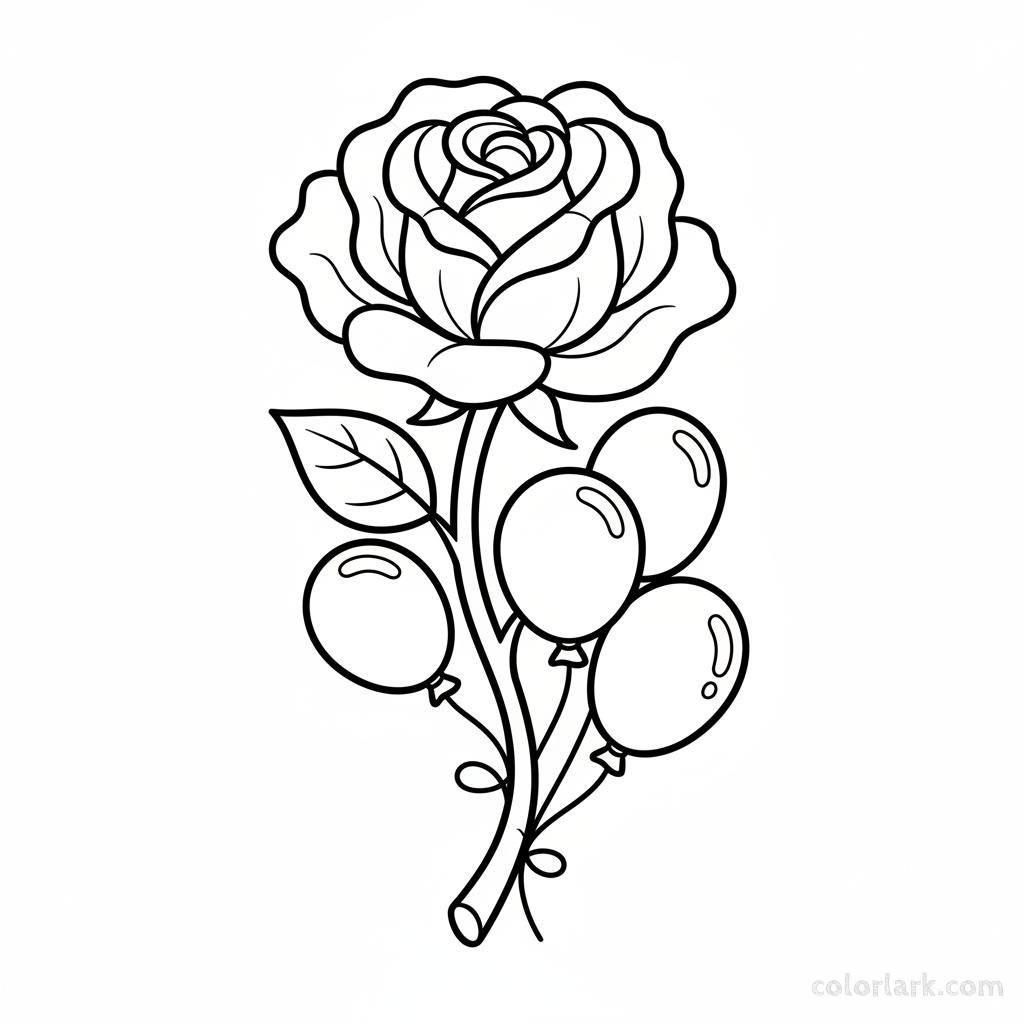 Simple rose and balloons outline coloring page for parties, black and white line art, easy flower and party decoration.