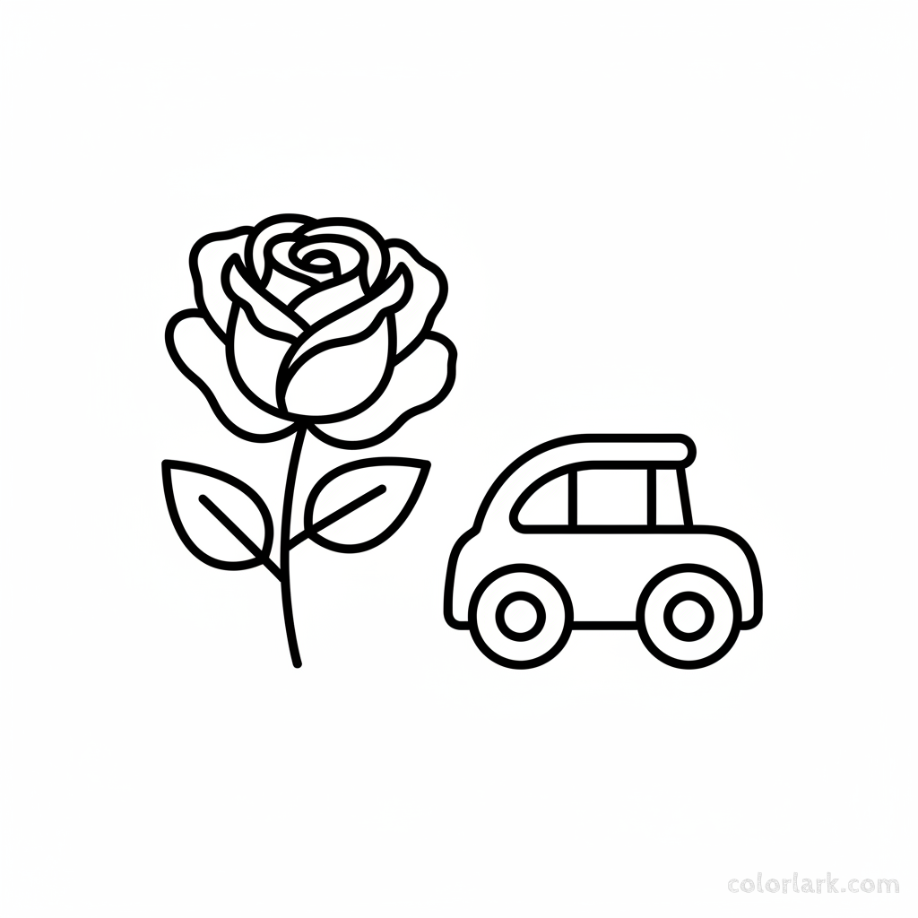 Simple rose and toy car outline coloring page for boys, black and white line art, easy flower and toy vehicle.
