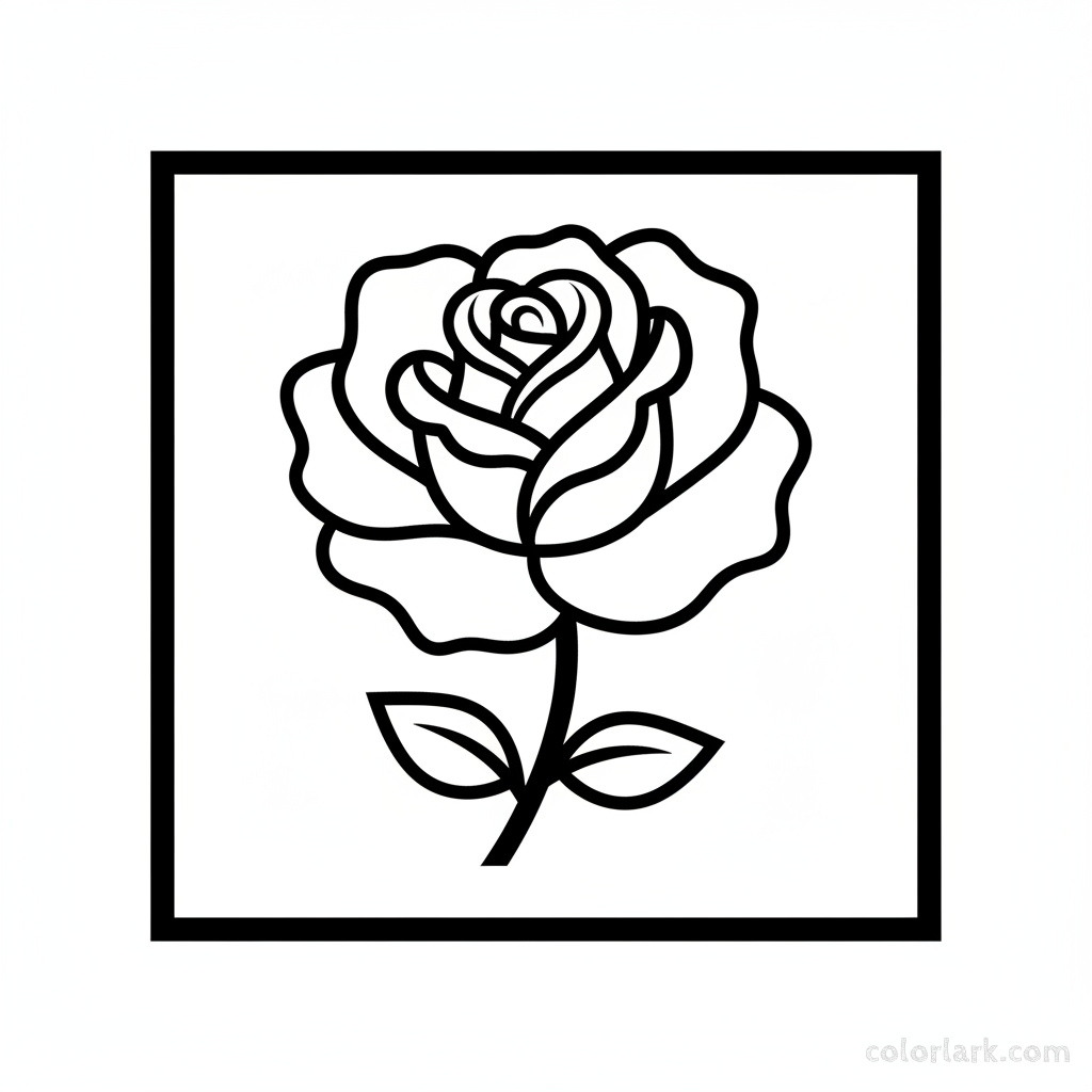 Simple rose in a square frame coloring page for beginners, black and white line art, easy framed flower.