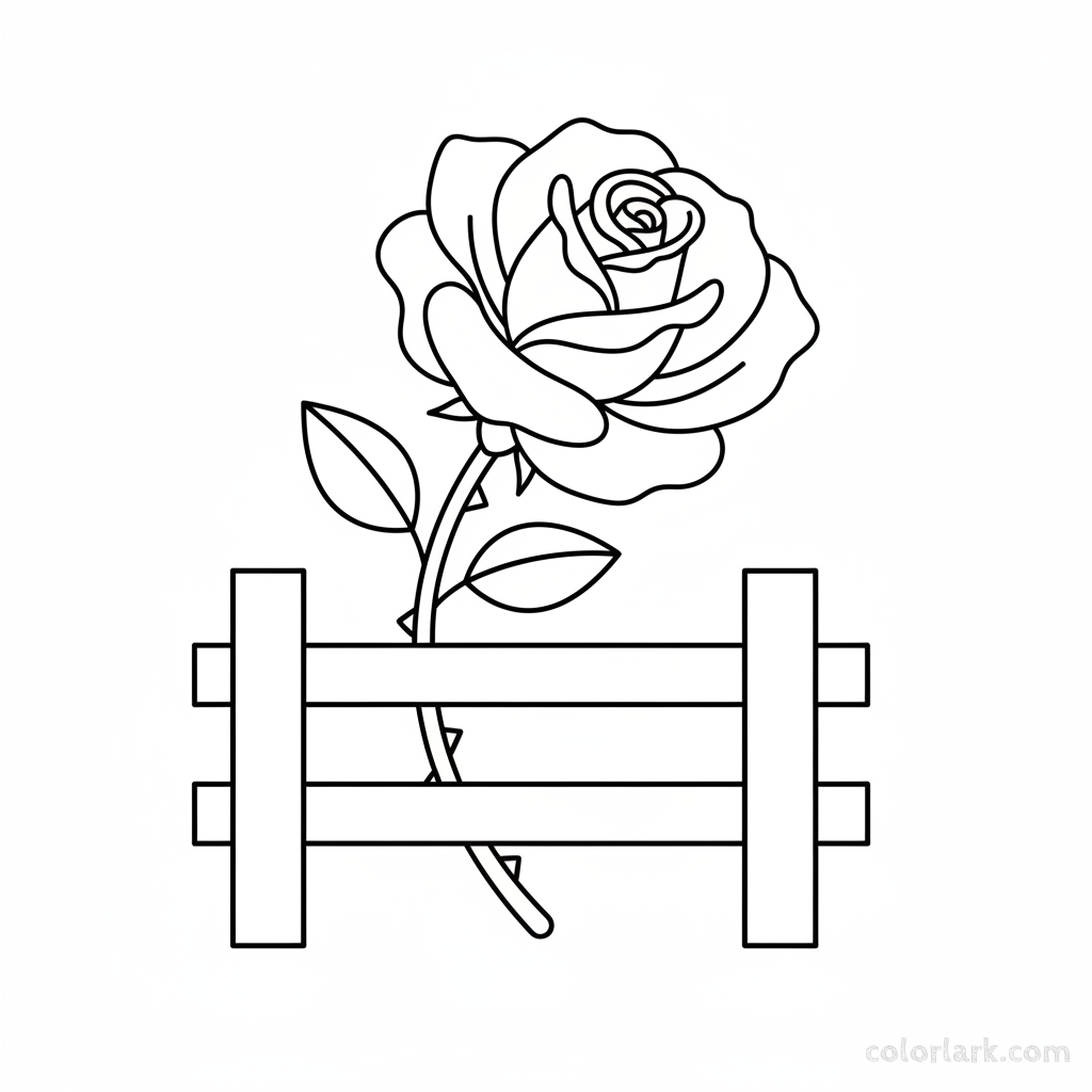Simple rose on a fence coloring page for young children, black and white line art, easy flower and garden fence drawing.