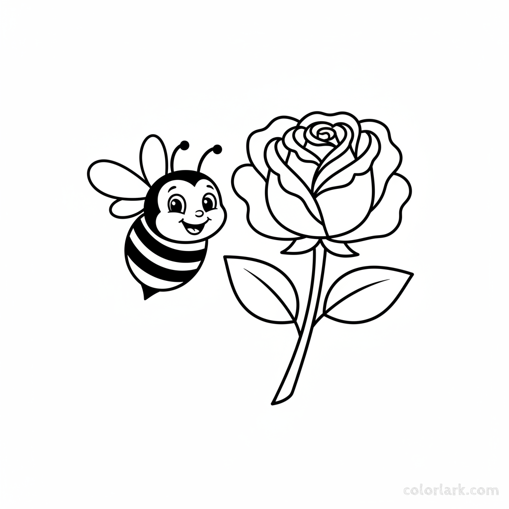 Simple rose with a happy bee coloring page for toddlers, black and white line art, easy rose and insect drawing.