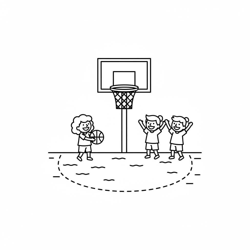 Simple line art of an Indian street basketball court with one child and two cheering friends.