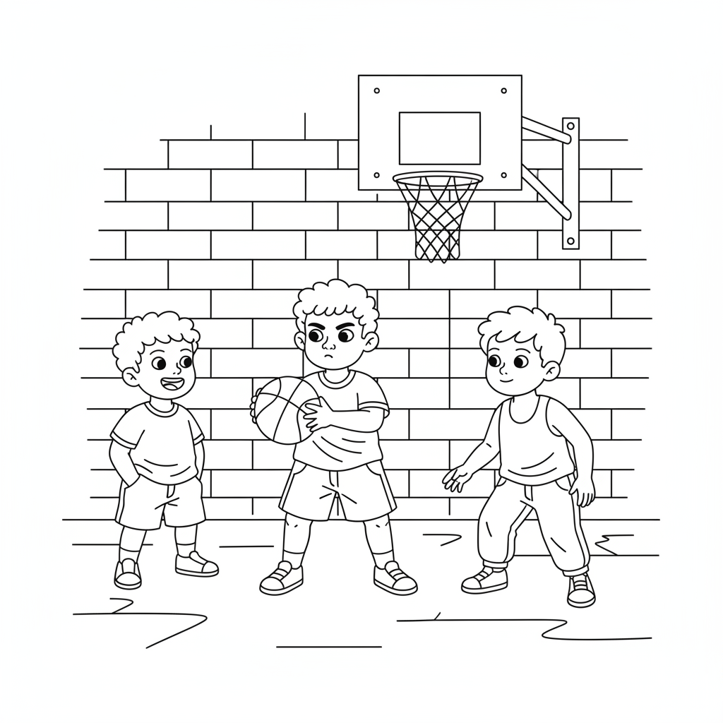 Line art of Indian children practicing street basketball, one passing and friends observing.