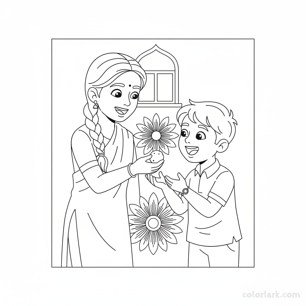 Line art of a sister feeding sweets to her brother after the Rakhi ceremony
