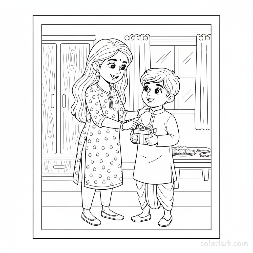 Line art of a sister helping her brother get ready for Rakshabandhan ceremony