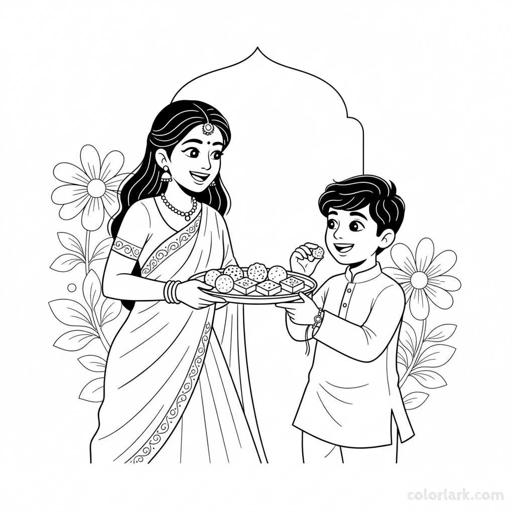 Line art of a sister offering sweets from a beautiful plate to her brother on Rakhi
