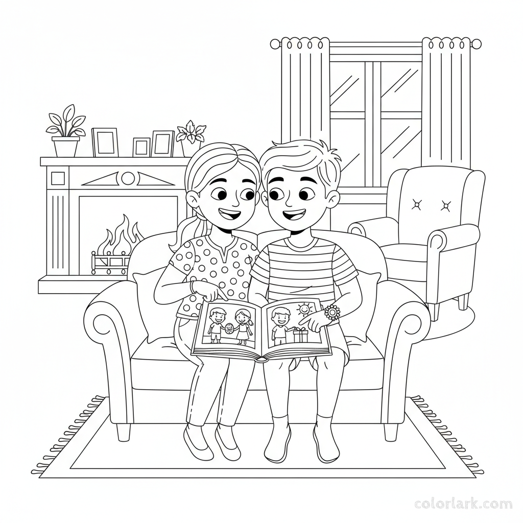 Line art of a sister showing her brother an album of childhood Rakhi memories