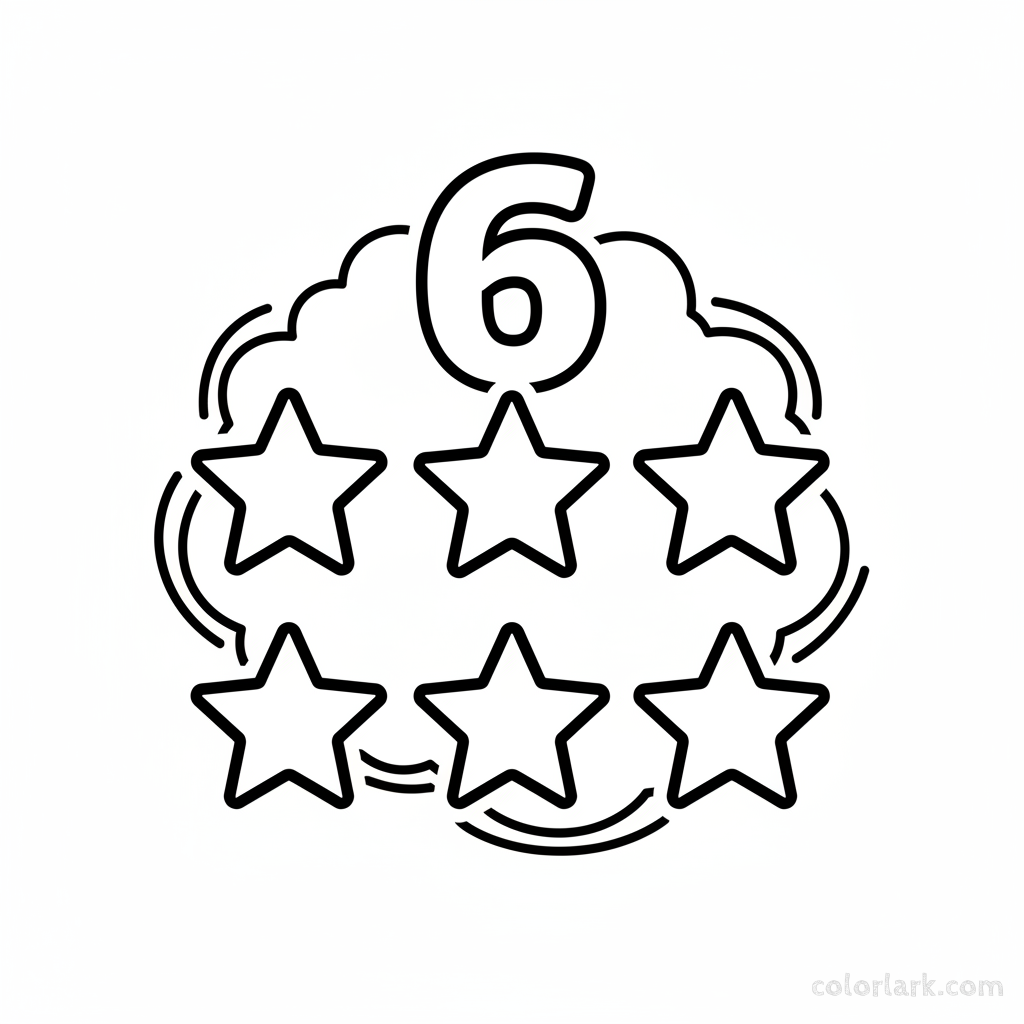 Black and white line art coloring page showing six stars in the night sky with the number 6.