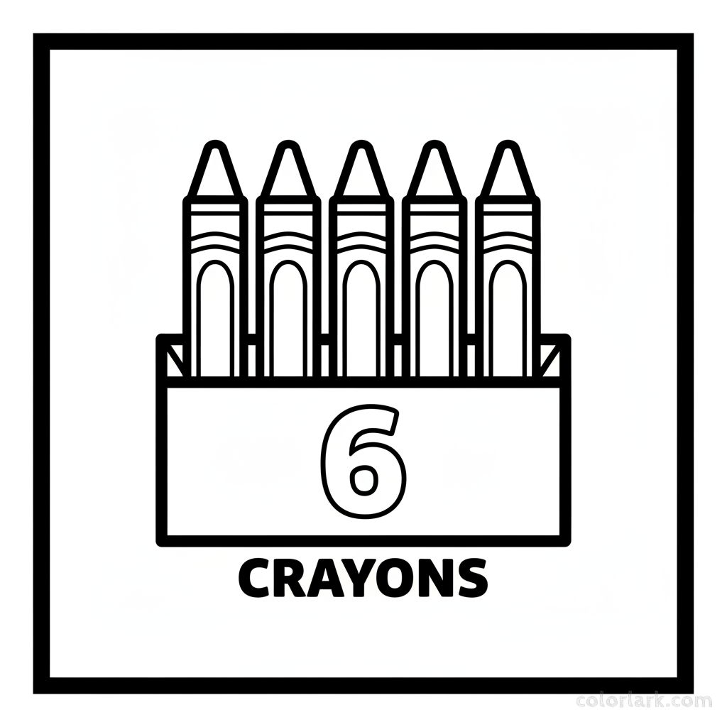 Black and white line art coloring page showing six crayons in a holder with the number 6.