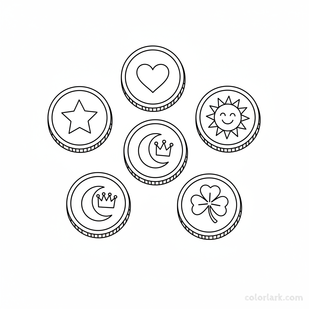 A black-and-white line art illustration showing six shiny silver coins, ideal for a number 6 counting and coloring activity.