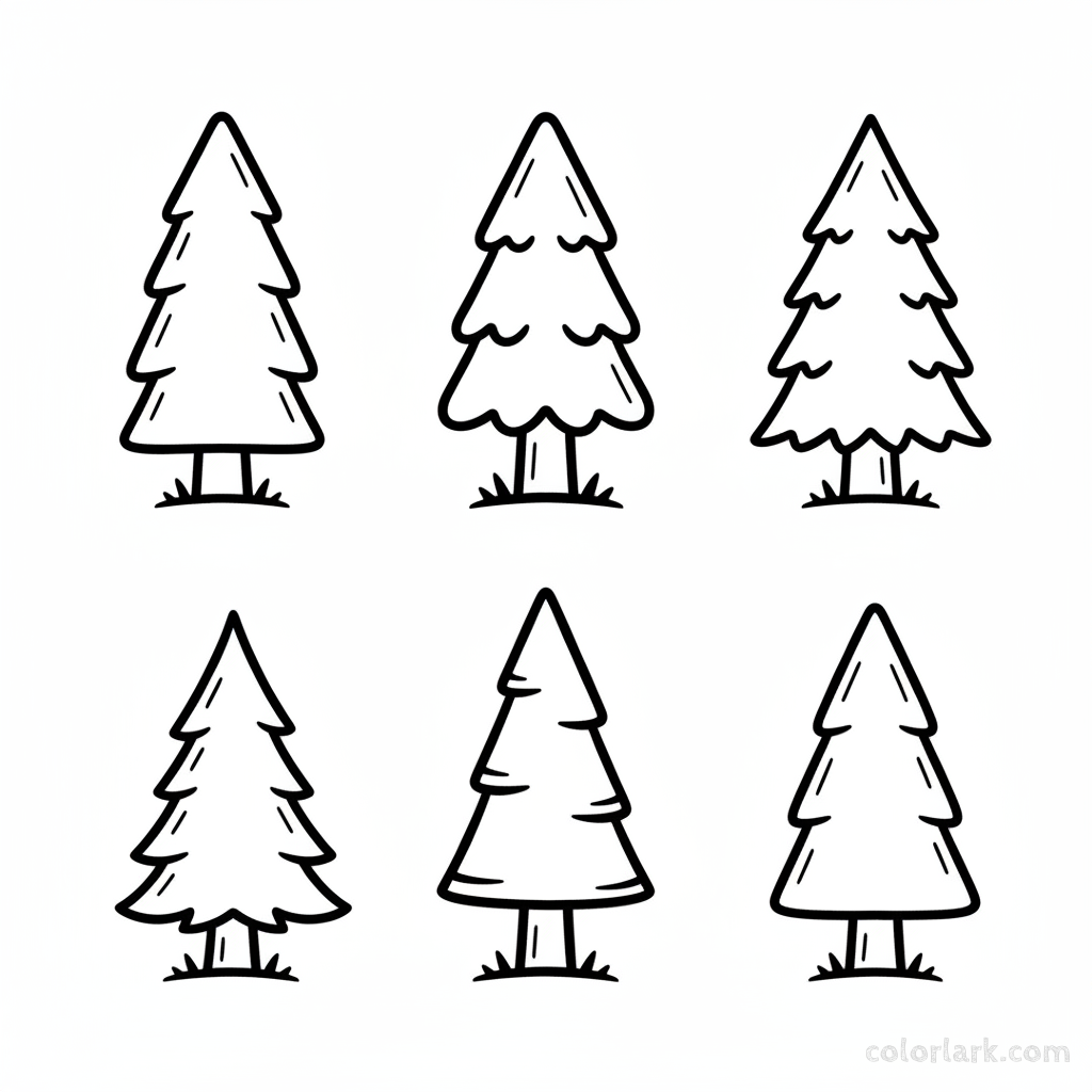 A black-and-white line art illustration showing six tall green trees in a forest, for learning to count the number 6.