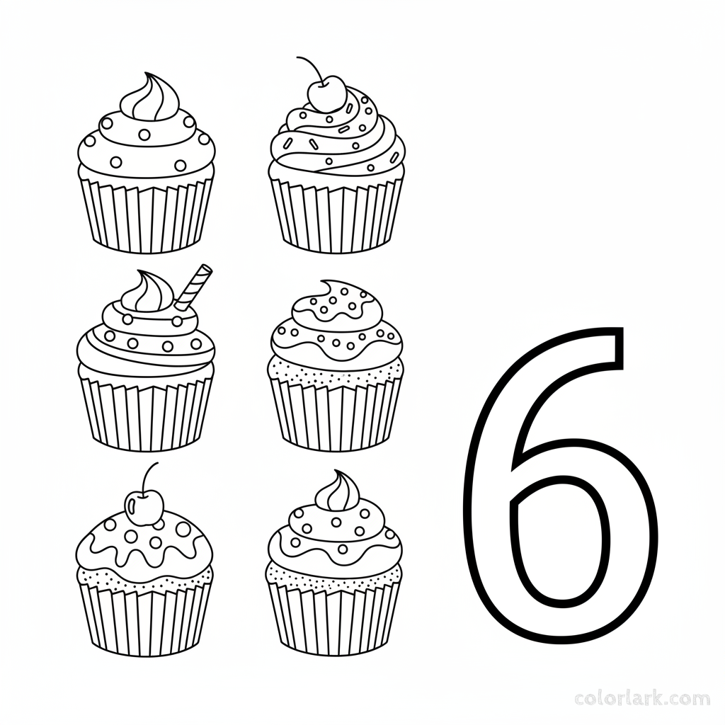 Black and white line art coloring page showing six cupcakes with the number 6.