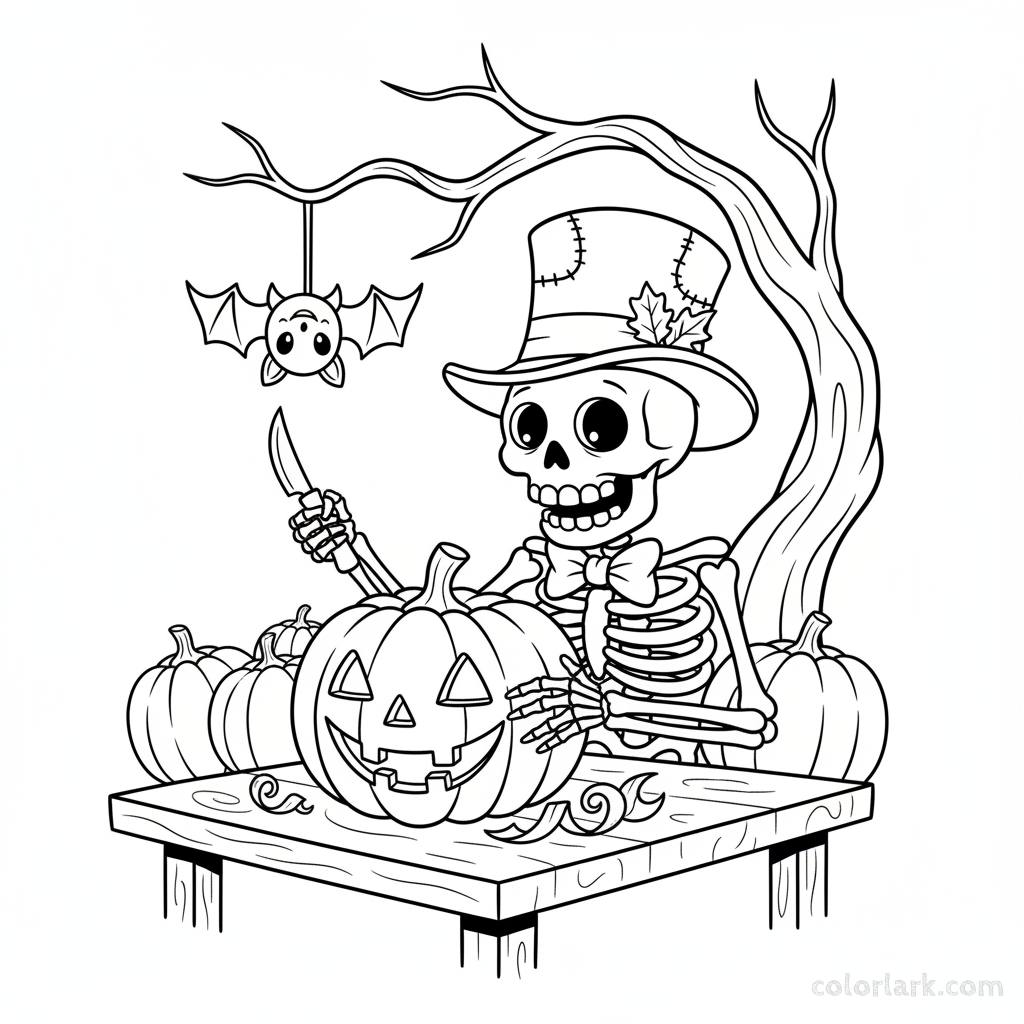 Black and white line art of a cartoon skeleton carving a jack-o'-lantern pumpkin, Halloween craft coloring page.