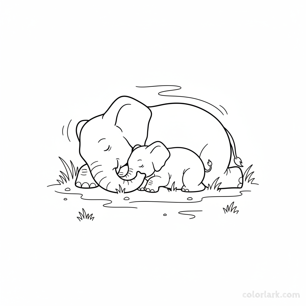 Mother and baby elephants sleeping side by side coloring page