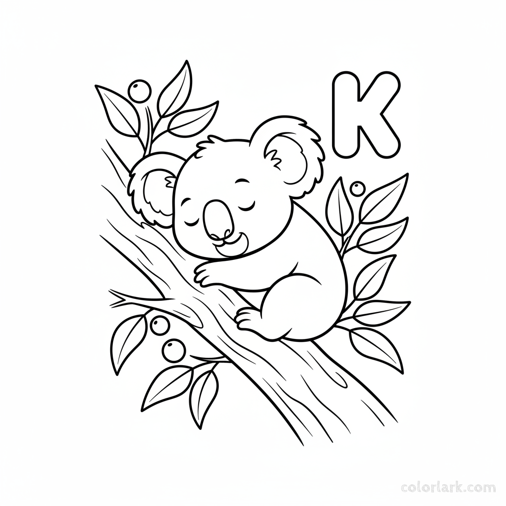 Black and white line art of a sleepy koala hugging a tree with the letter K.