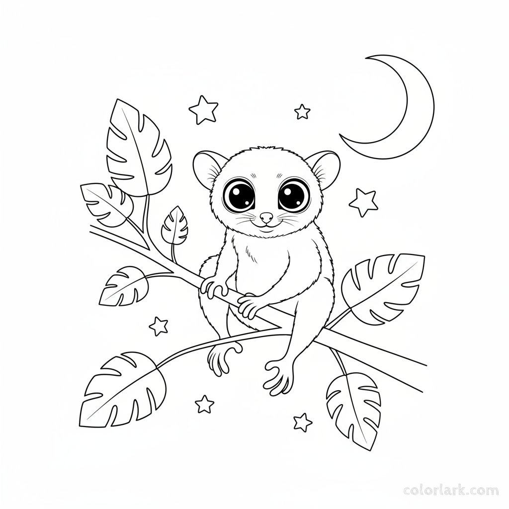 Black and white line art of an Indian Slender Loris clinging to a tree branch at night, with large, alert eyes.