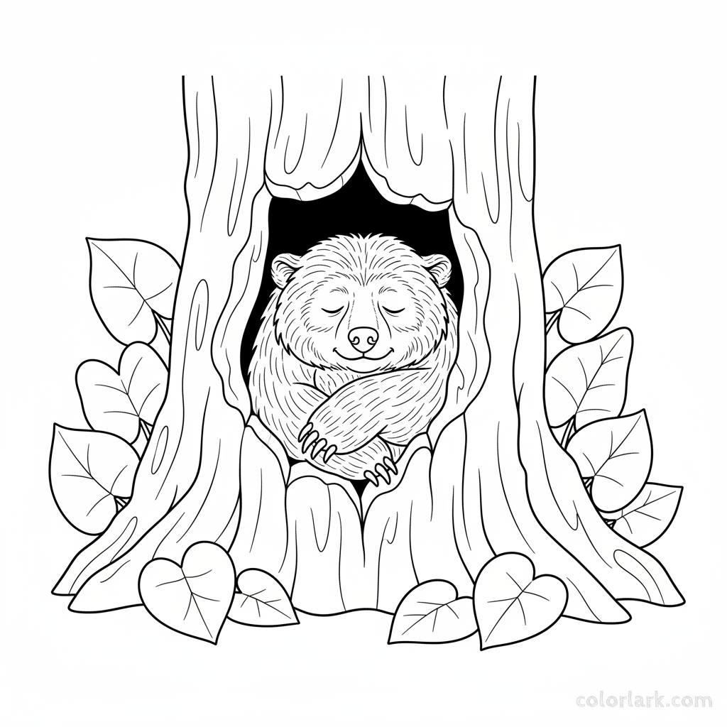 Black and white line art of an Indian Sloth Bear sleeping soundly in a cozy hollow tree trunk.