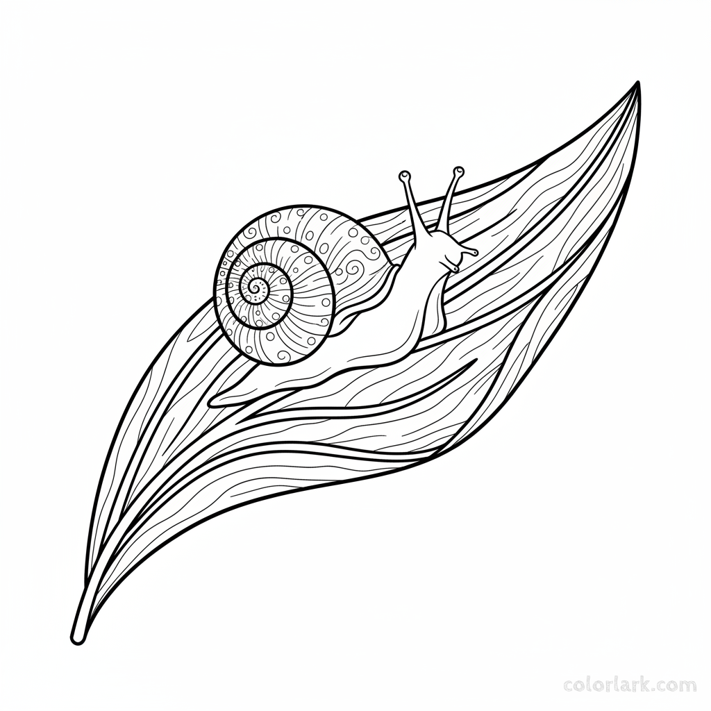 Line art illustration of a snail crawling on a broad tulip leaf