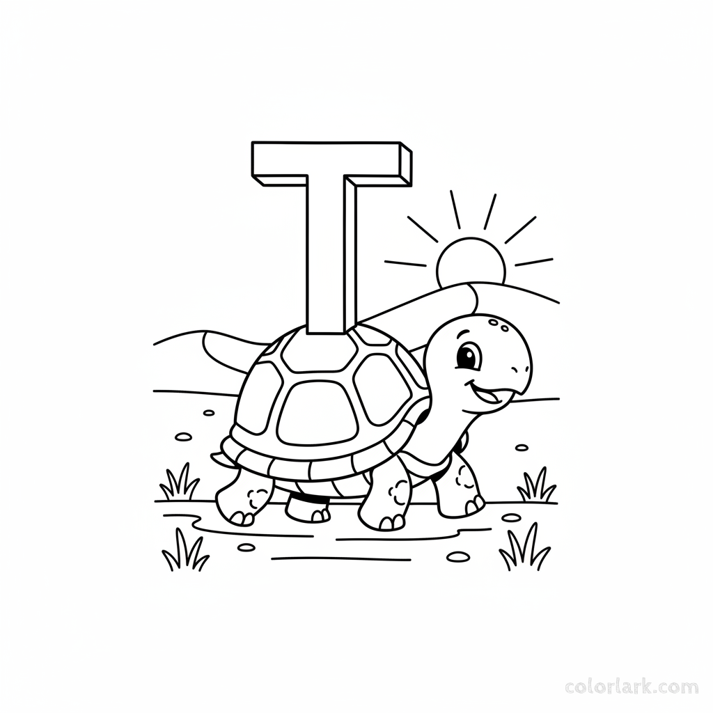 Black and white line art of a slow turtle carrying the letter T on its shell.