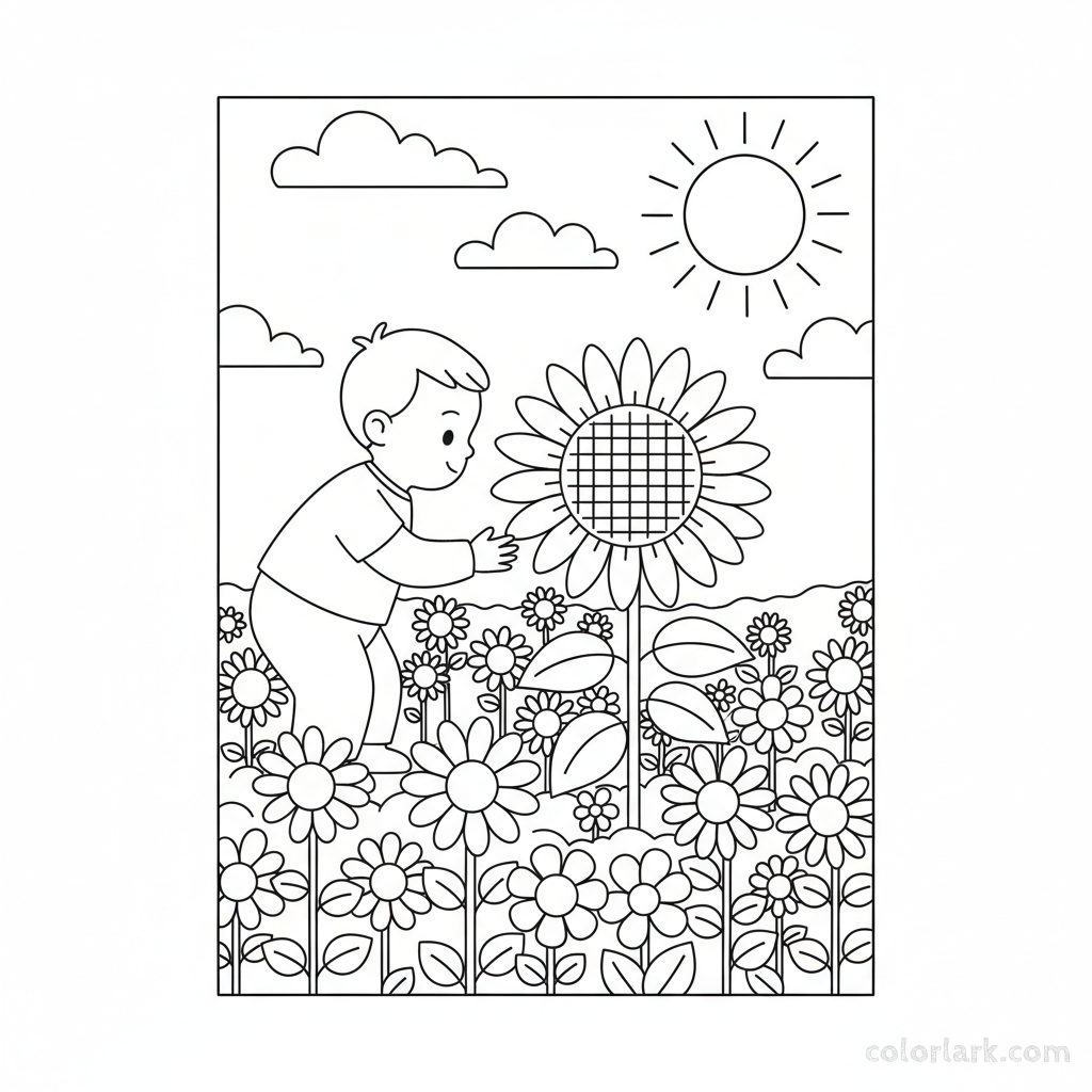 Black and white line art of a small child reaching to pick a sunflower