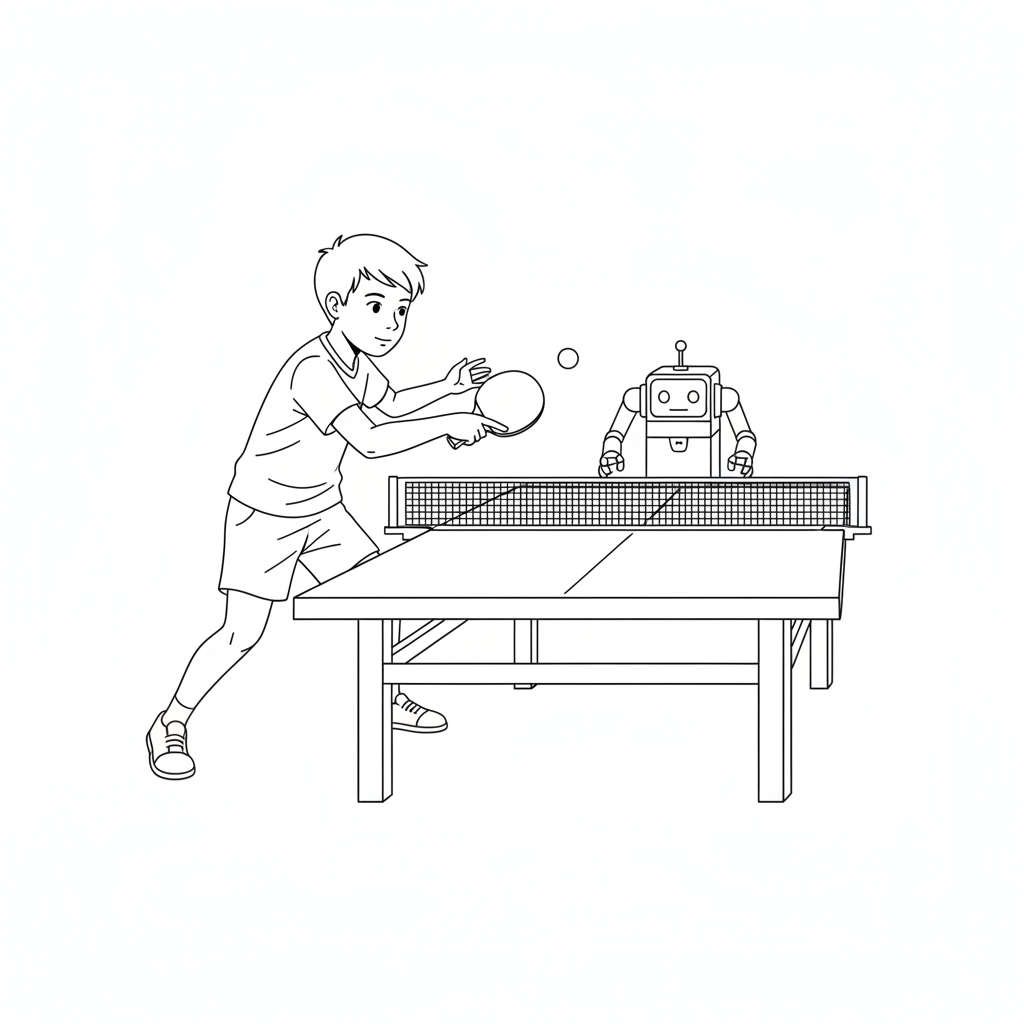 Line art of a smart boy practicing a backhand drive against a table tennis robot.