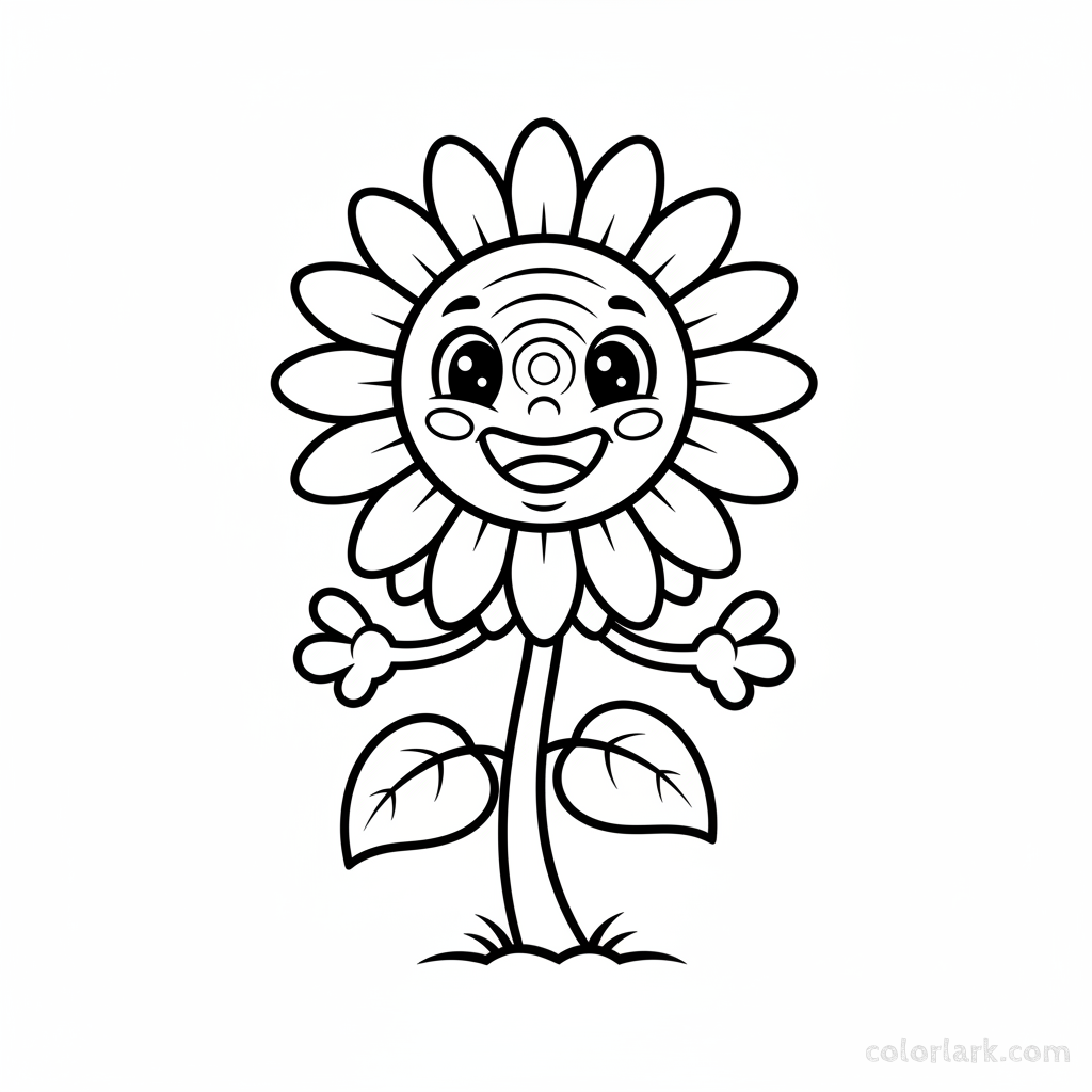 Black and white line art of a smiling cartoon sunflower with eyes and arms