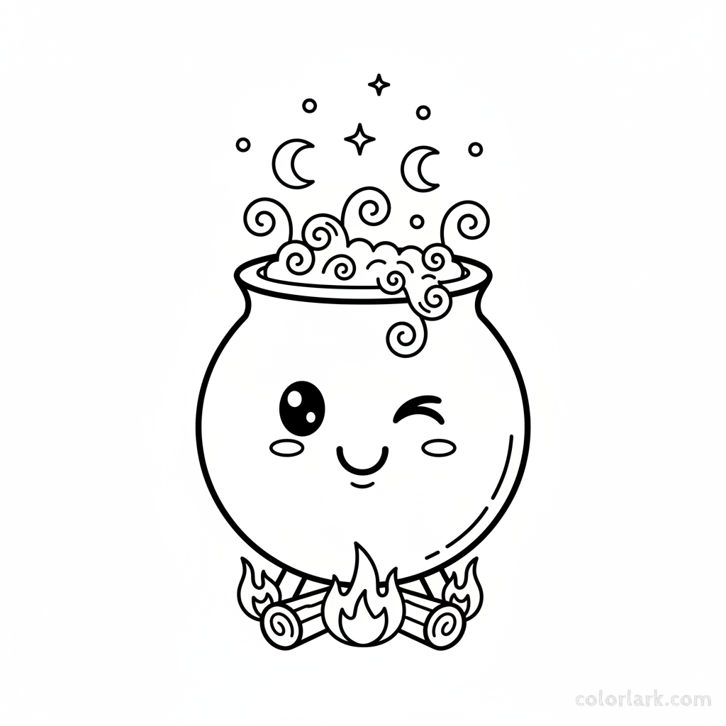 Black and white line art of a smiling cauldron bubbling with friendly potions and magic dust, Halloween coloring page.
