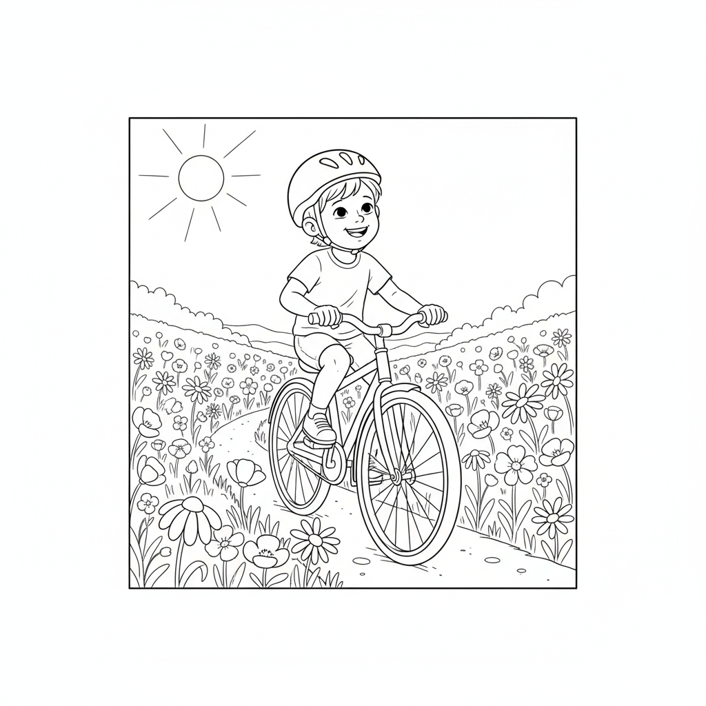 Black and white line art coloring page of a smiling child with a helmet, riding a bicycle through fields of wildflowers.