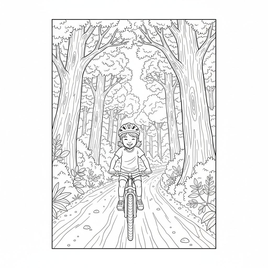 Black and white line art coloring page of a smiling child with a helmet, riding a bicycle on a quiet forest service road.