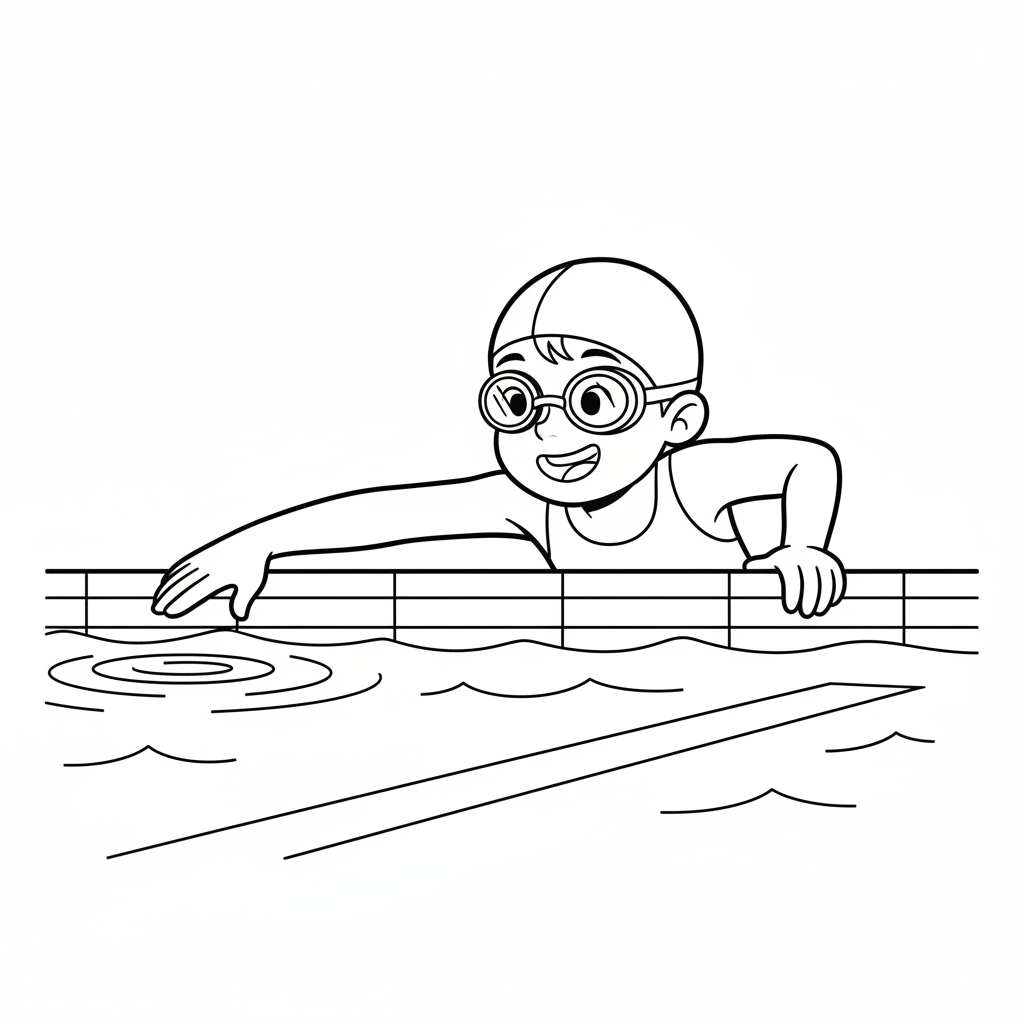 Black and white line art of a smiling child at the pool edge, ready for a freestyle lap, wearing a swim cap and goggles.