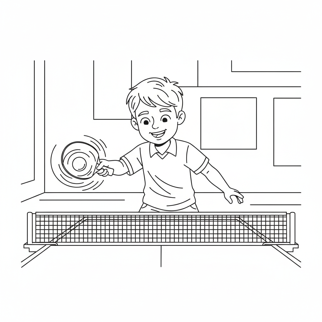 Line art of a smiling child performing a forehand block against spin in table tennis.