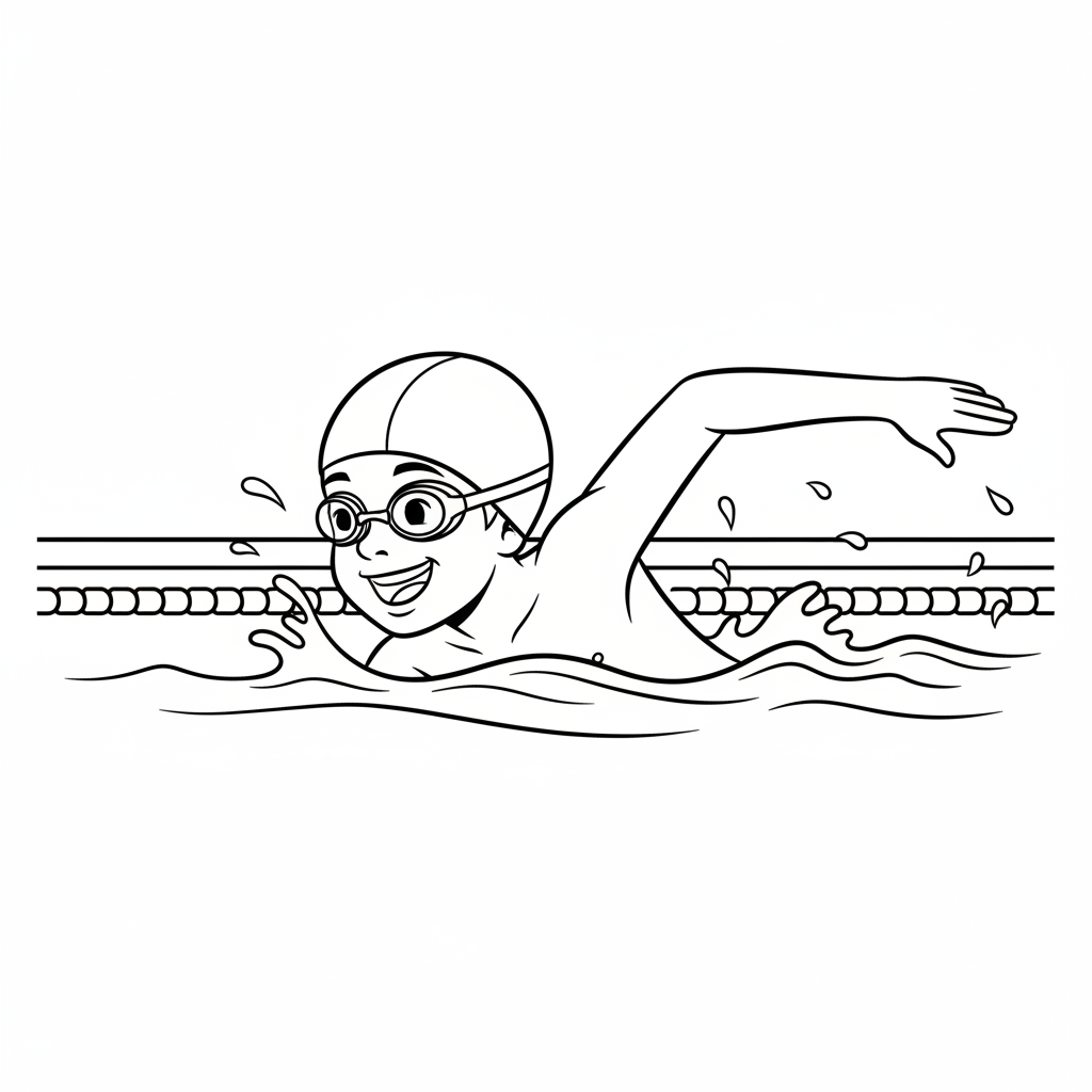 Black and white line art of a smiling child taking a breath during freestyle swim in a pool, wearing a swim cap and goggles.