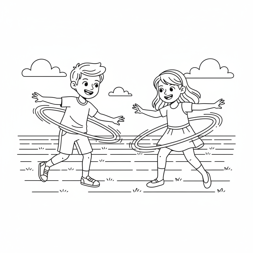 Line art of smiling children in a hula hooping contest