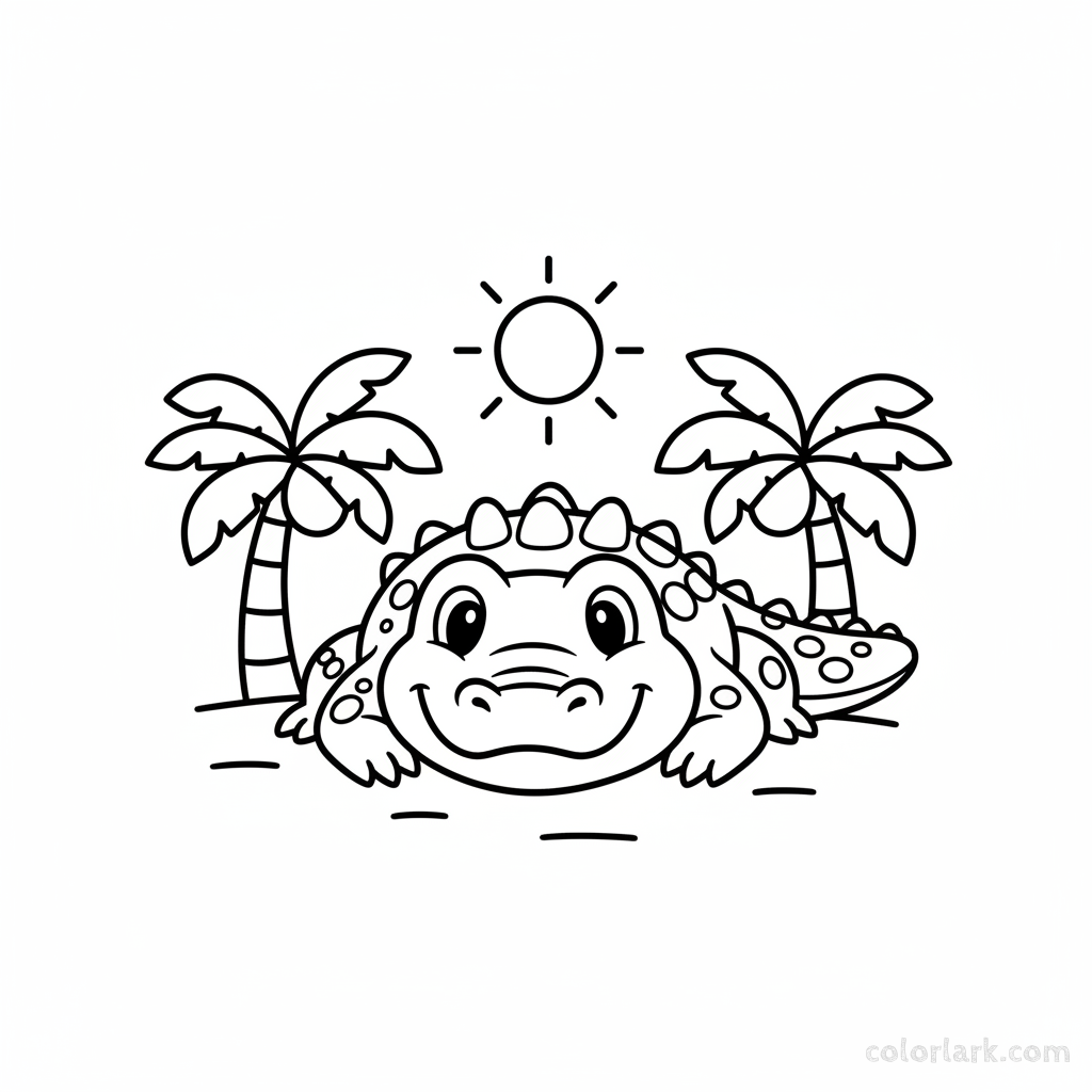 Black and white line art of a smiling crocodile lounging, ideal for easy coloring by toddlers.