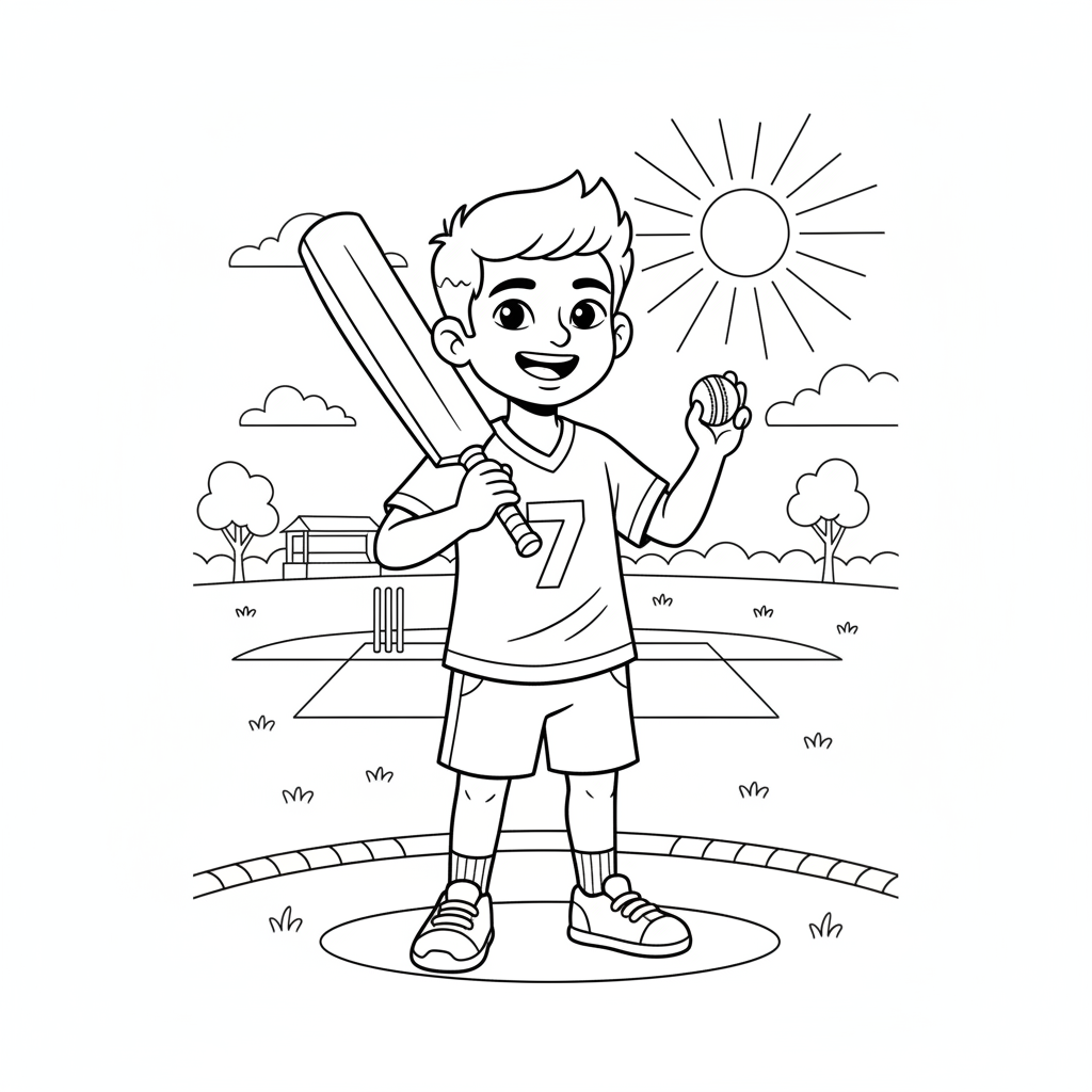Line art of a smiling Indian boy with cricket bat and ball on a sunny cricket field.